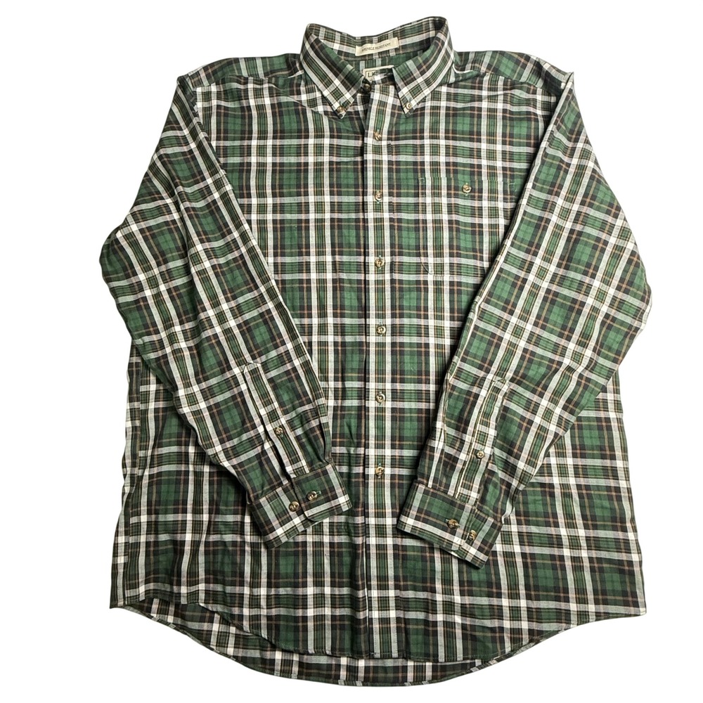 LL Bean Mens Green Plaid Merino Wool Cotton Wrinkle‎ Resistant Shirt L